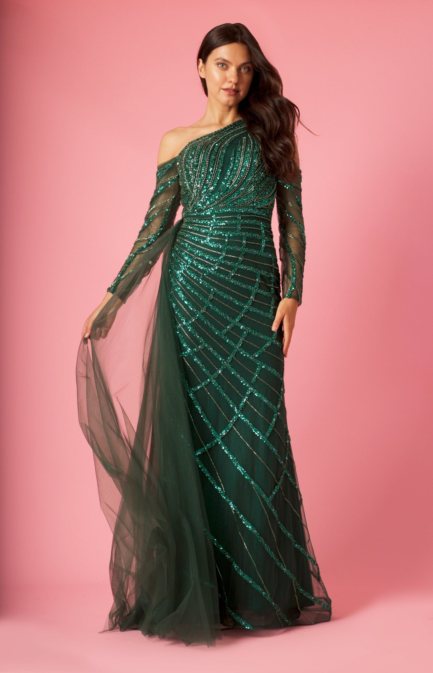 Floor Length Couture Long Sleeve Hand Beaded Formal Dress