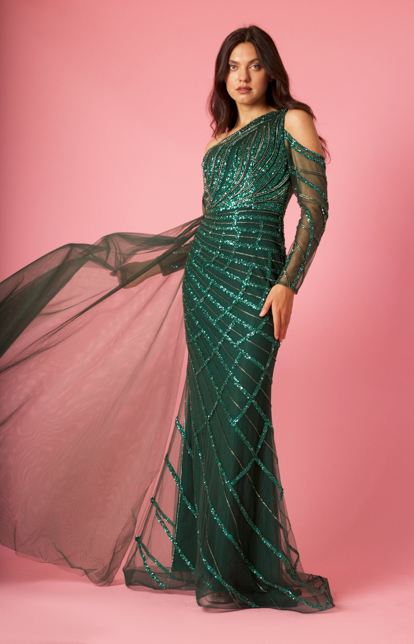 Floor Length Couture Long Sleeve Hand Beaded Formal Dress