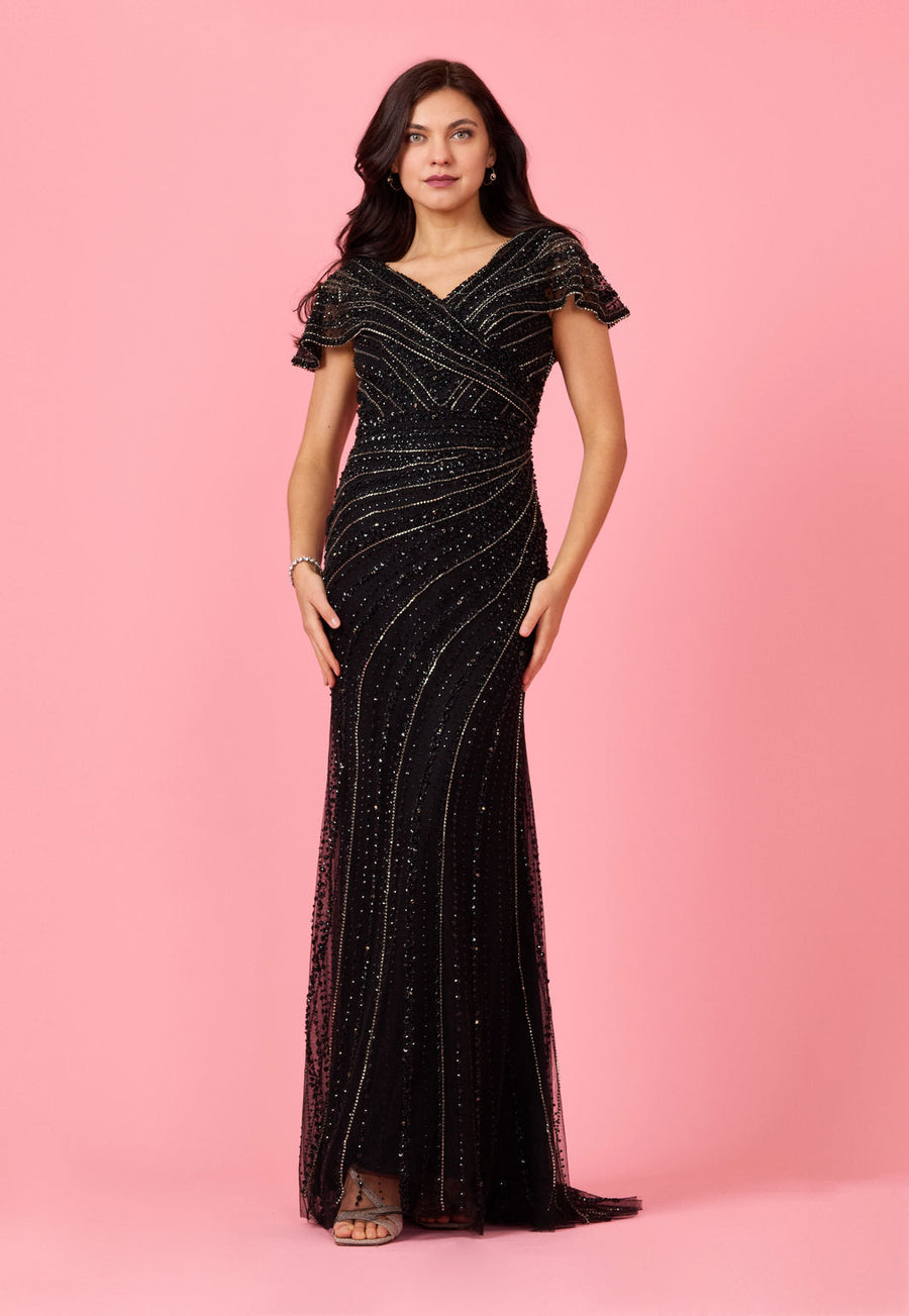 Mini Sleeve Hand Beaded Formal Couture Dress