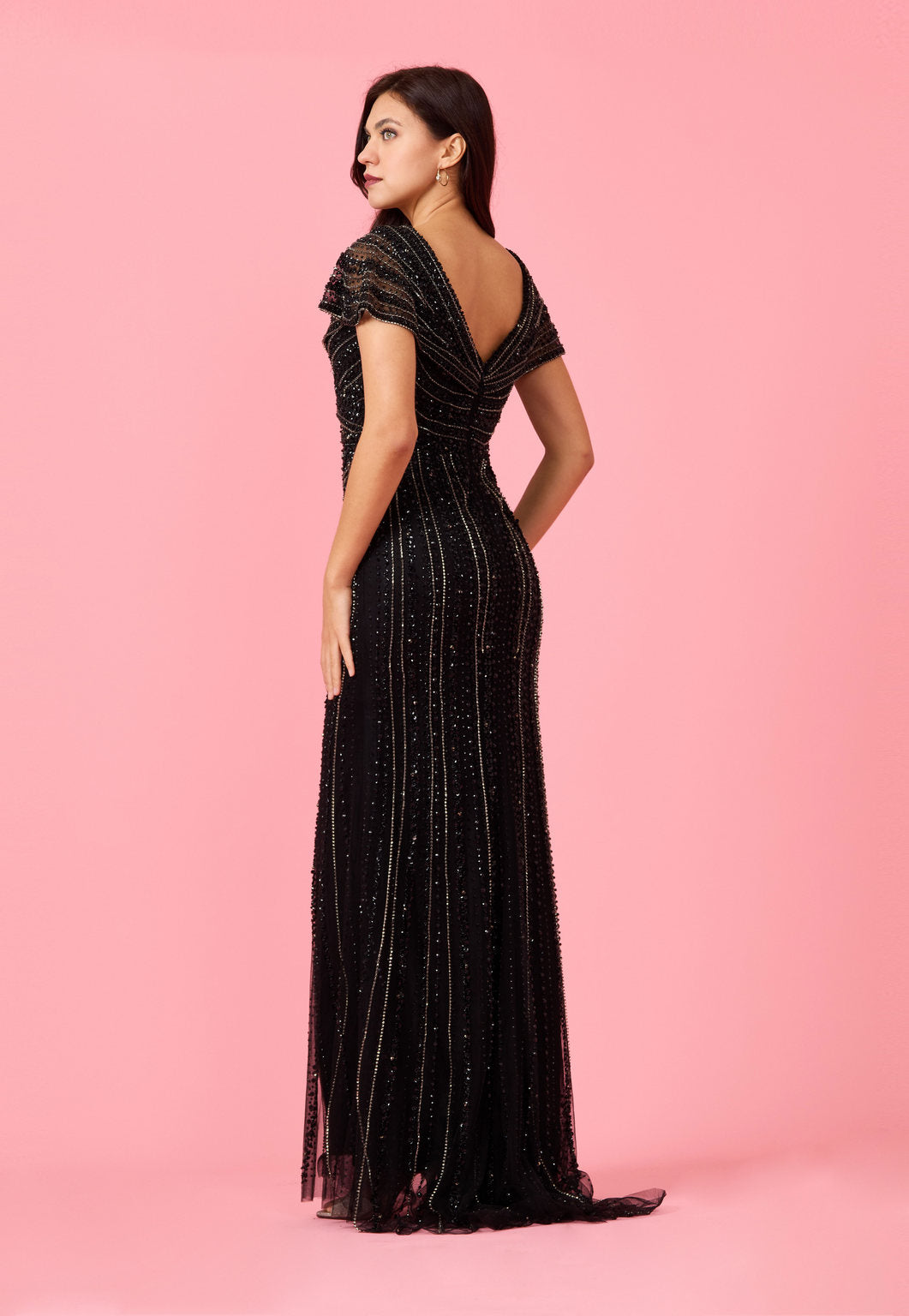 Mini Sleeve Hand Beaded Formal Couture Dress