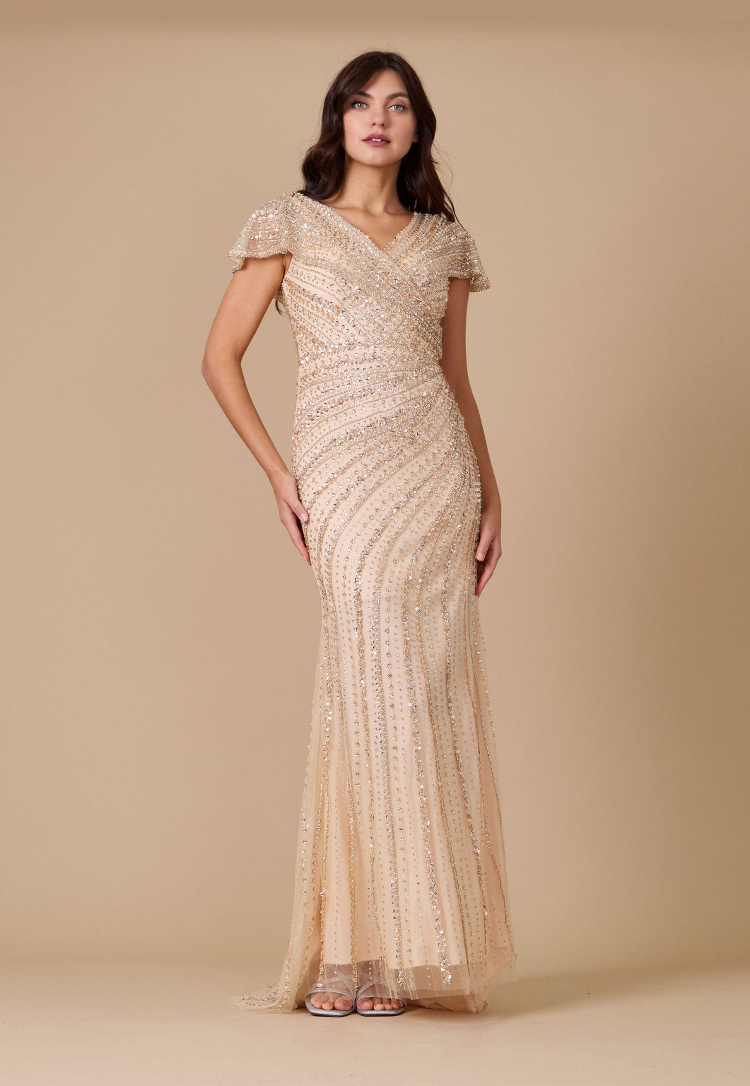 Mini Sleeve Hand Beaded Formal Couture Dress