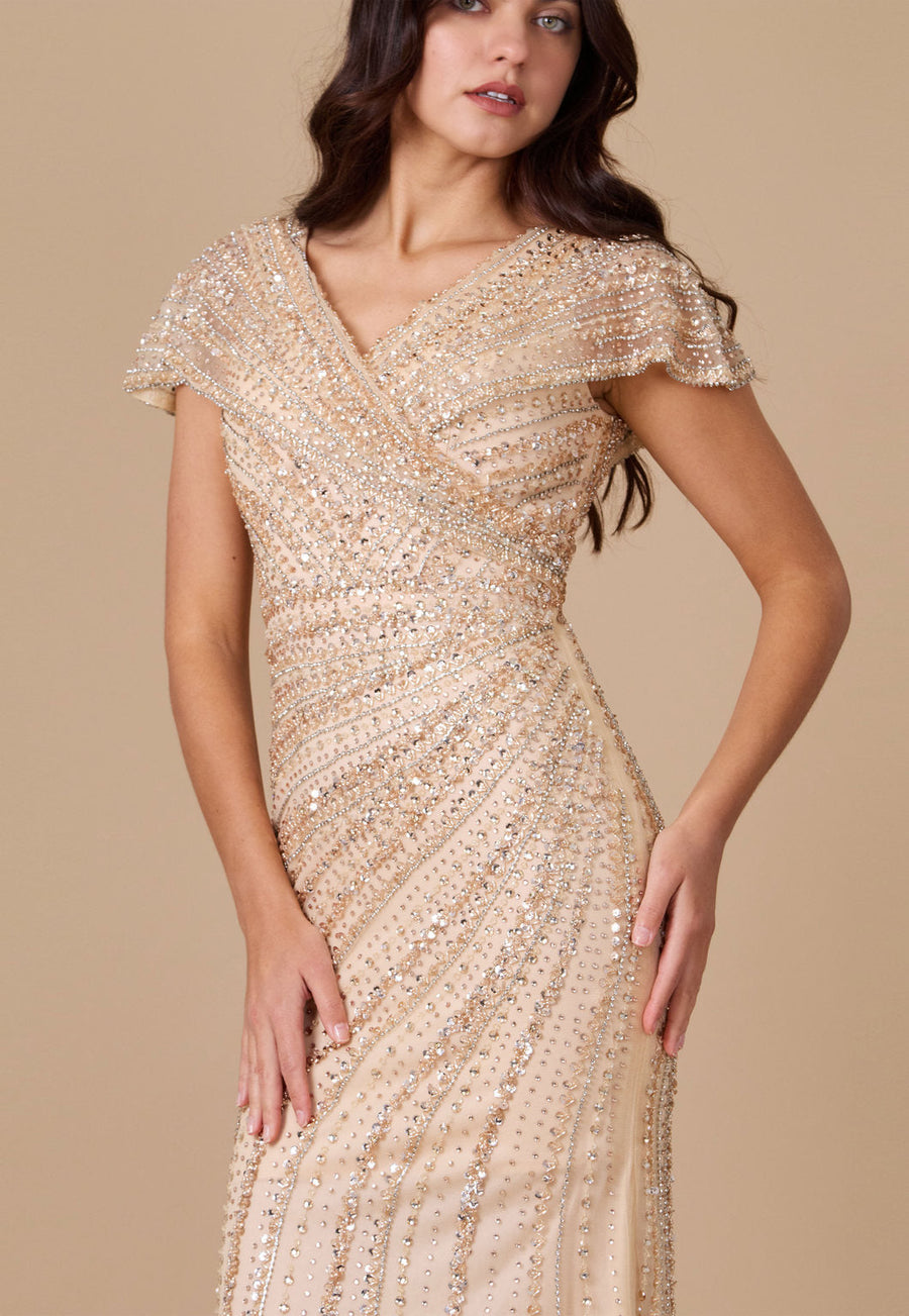 Mini Sleeve Hand Beaded Formal Couture Dress