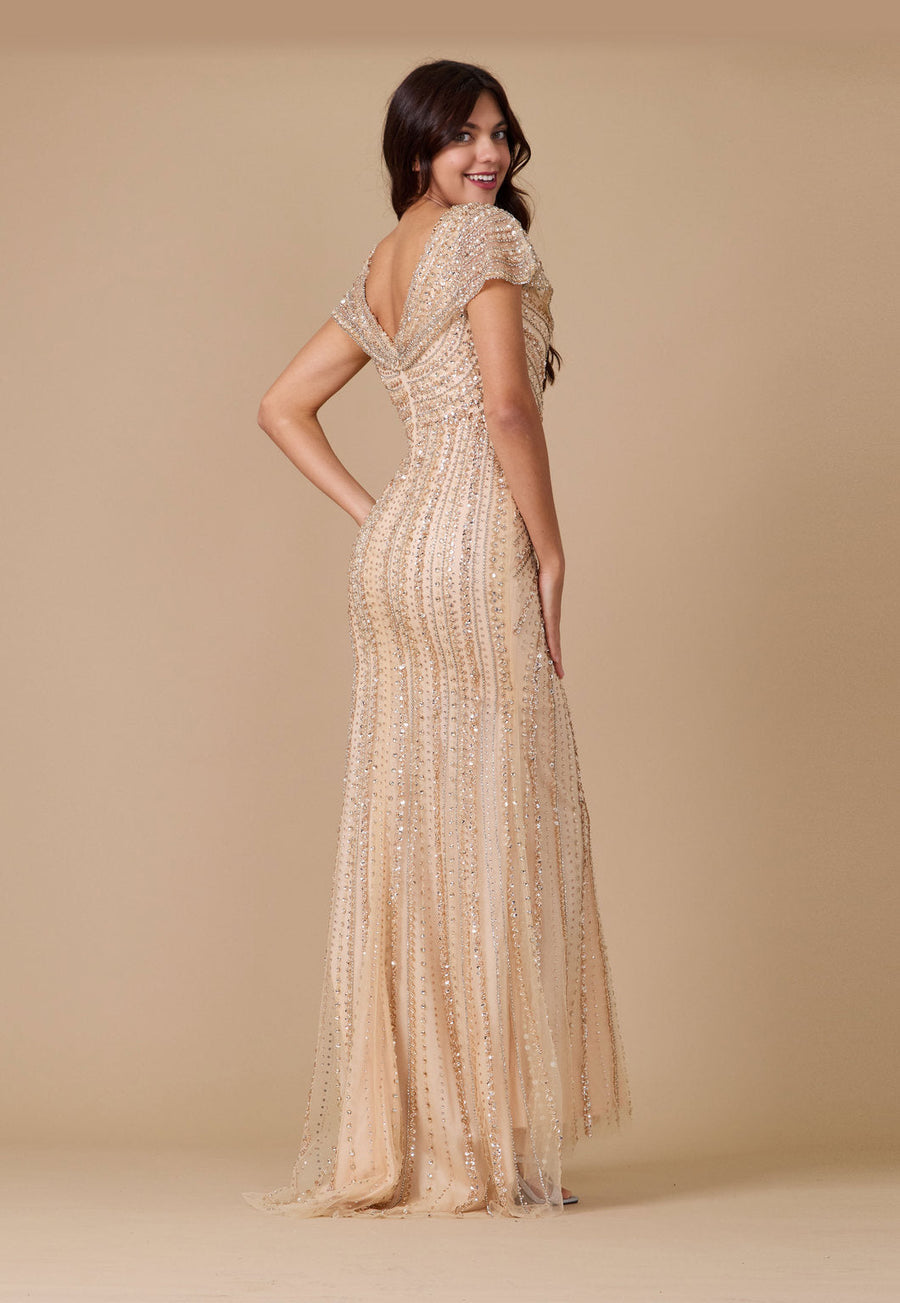 Mini Sleeve Hand Beaded Formal Couture Dress