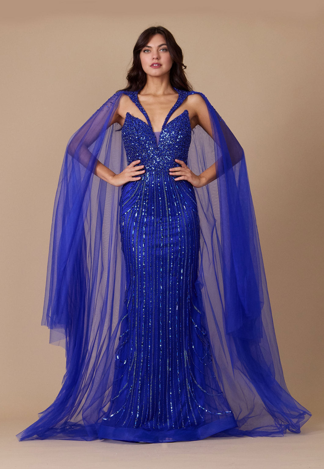 Floor Length Sequin Cape Couture Evening Dress