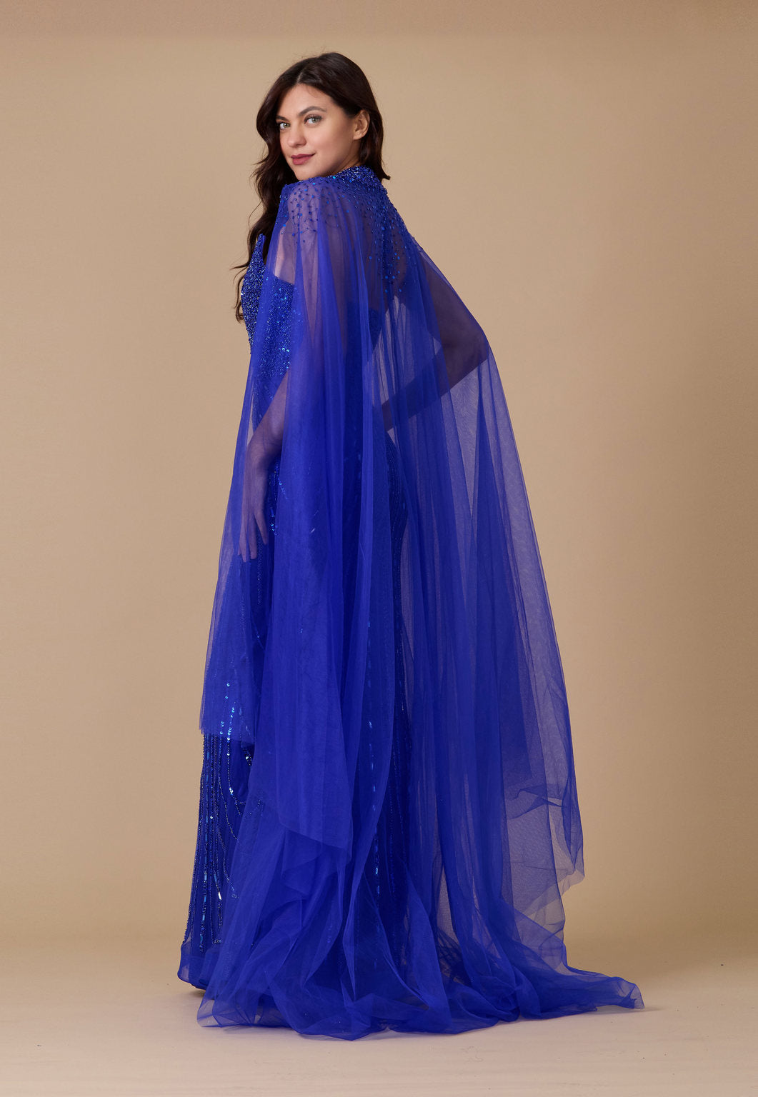 Floor Length Sequin Cape Couture Evening Dress