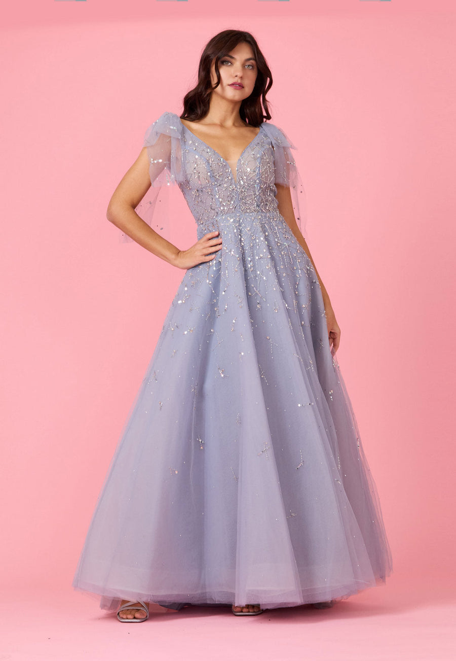 Mini Sleeve Silver Formal Evening Dress