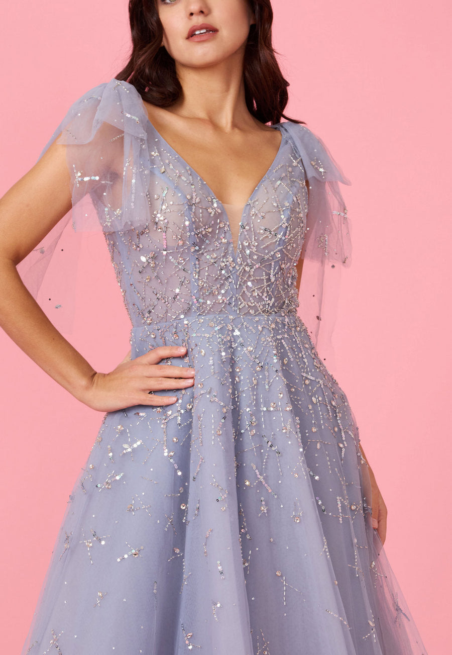 Mini Sleeve Silver Formal Evening Dress