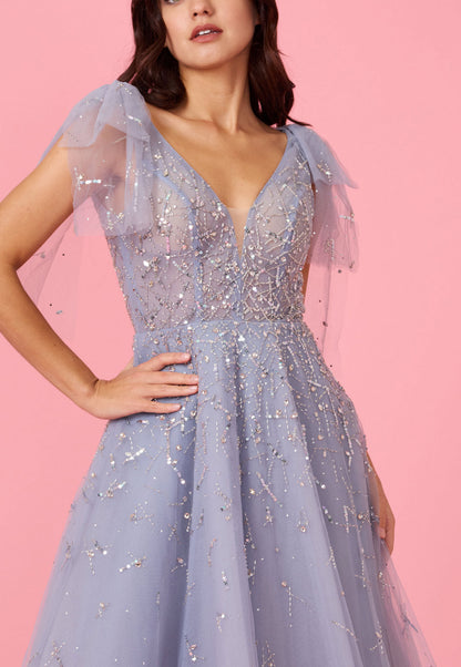 Mini Sleeve Silver Formal Evening Dress