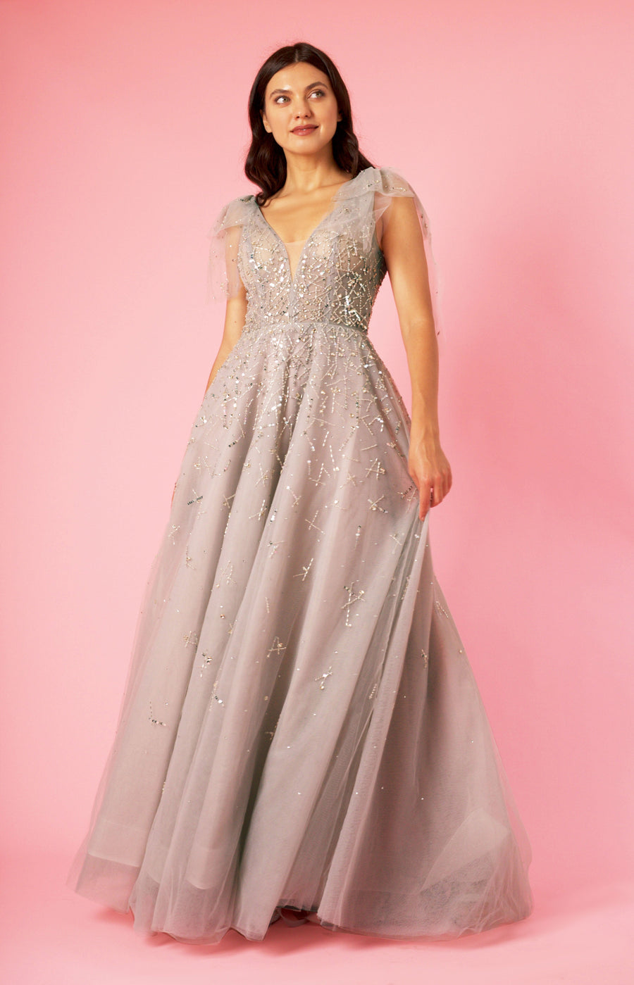 Mini Sleeve Silver Formal Evening Dress