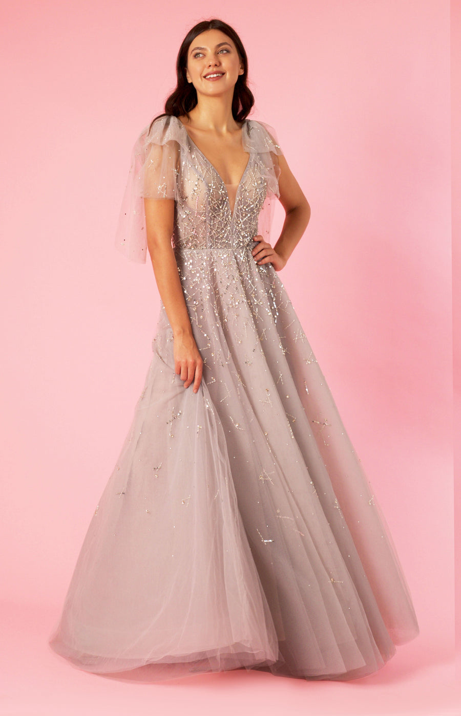 Mini Sleeve Silver Formal Evening Dress
