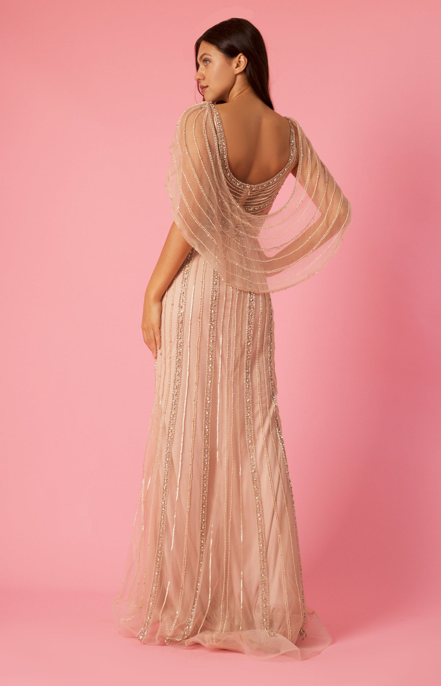 Floor Length Couture Hand Beaded Formal Cape Dress