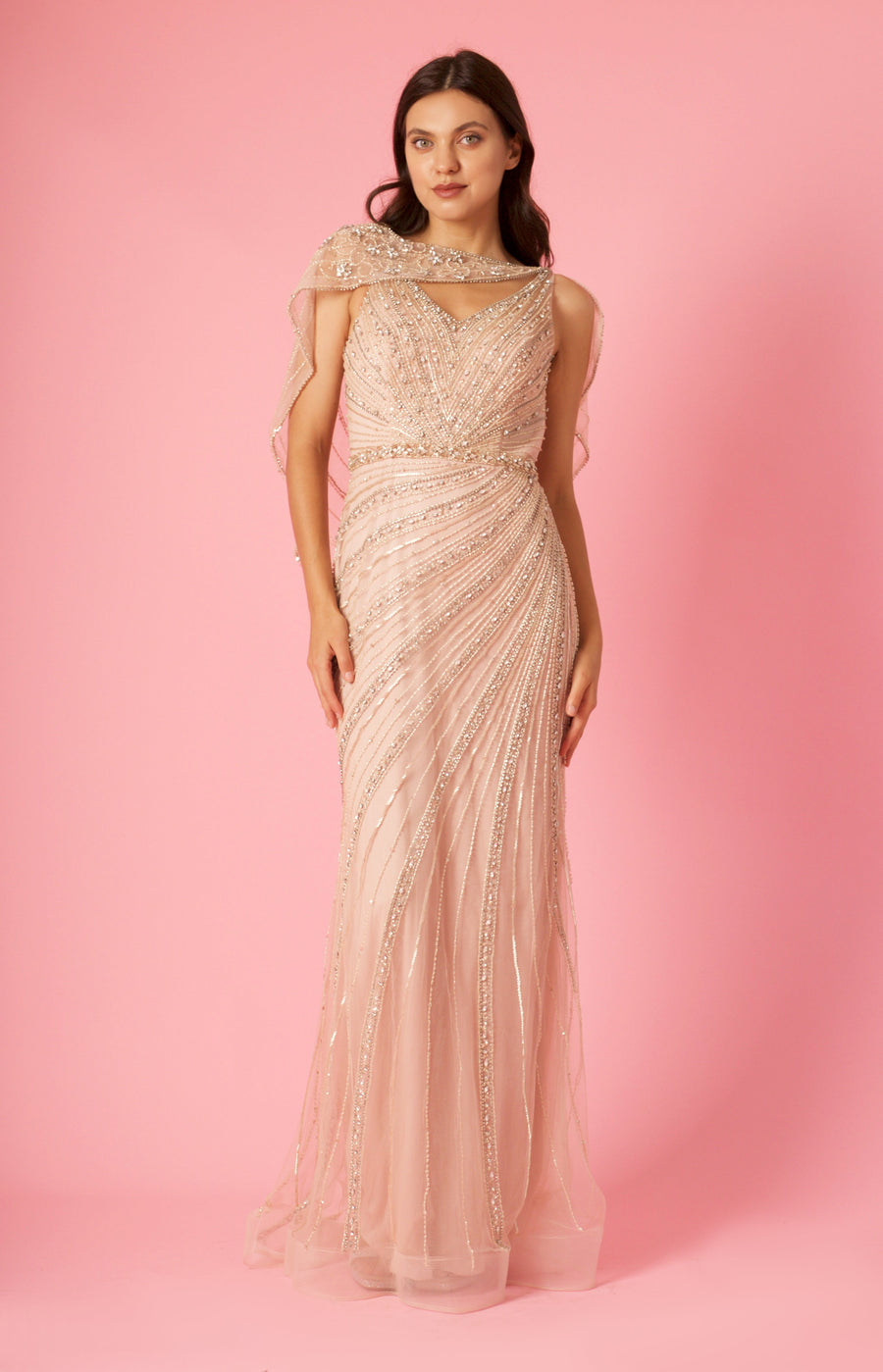 Floor Length Couture Hand Beaded Formal Cape Dress