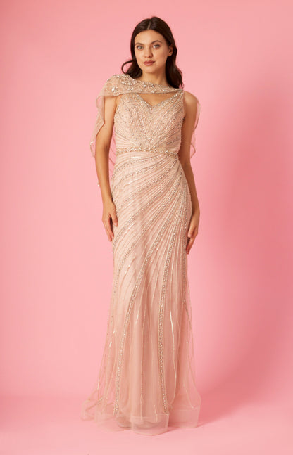 Floor Length Couture Hand Beaded Formal Cape Dress