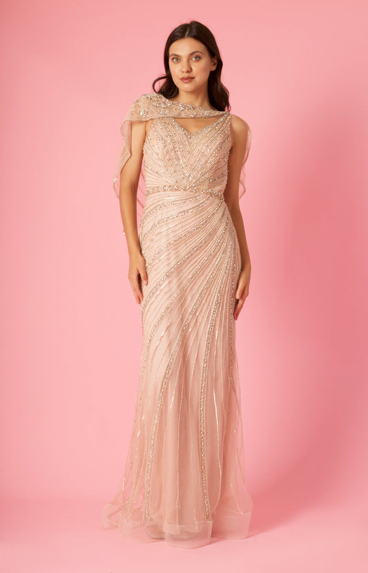 Floor Length Couture Hand Beaded Formal Cape Dress