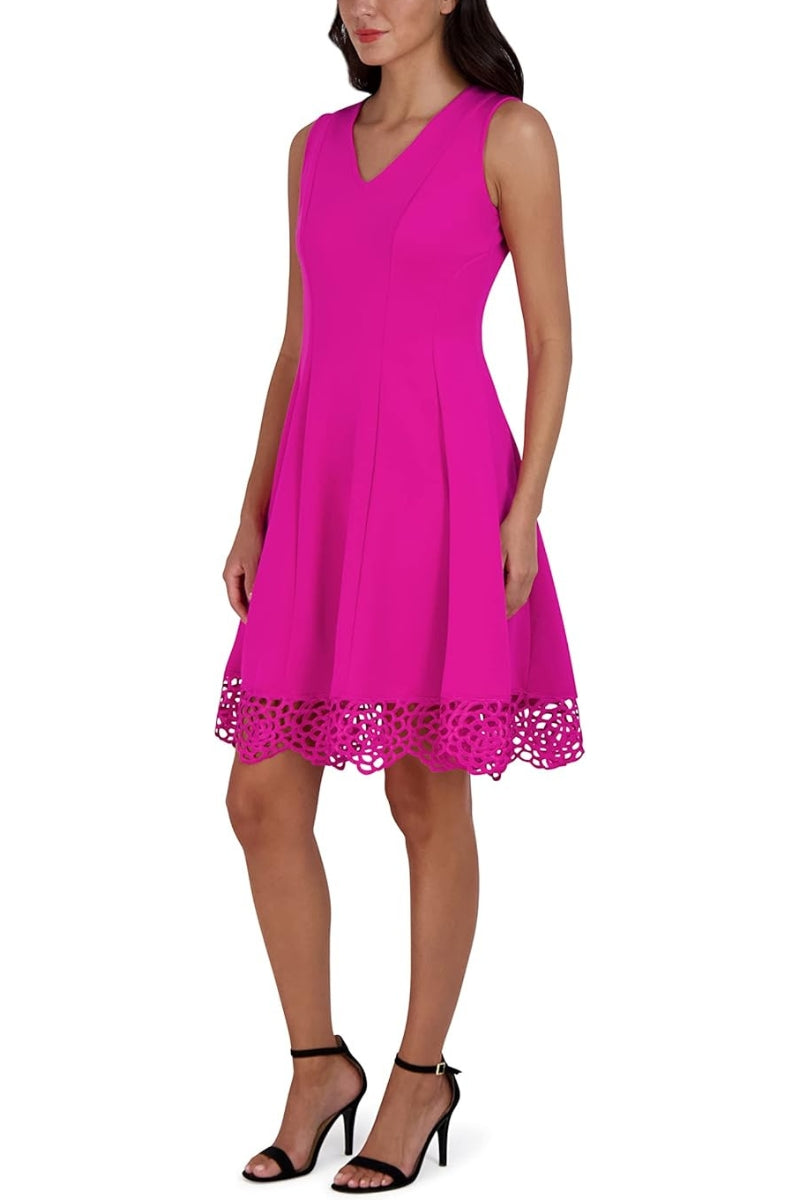 Donna Ricco V-Neck Sleeveless A-Line Zipper Back Embroidered Hem Scuba Dress - FUCHSIA - Side