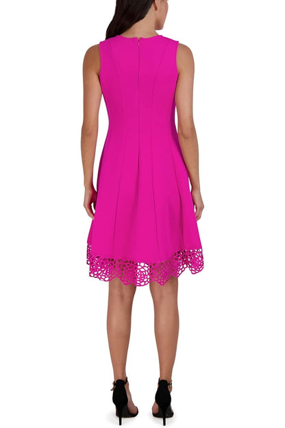 Donna Ricco V-Neck Sleeveless A-Line Zipper Back Embroidered Hem Scuba Dress - FUCHSIA - Back 