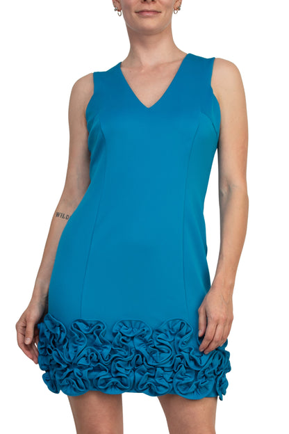 Donna Ricco V-Neck Sleeveless Zipper Back Ruffled Hem Scuba Dress - CERULEAN - Front View