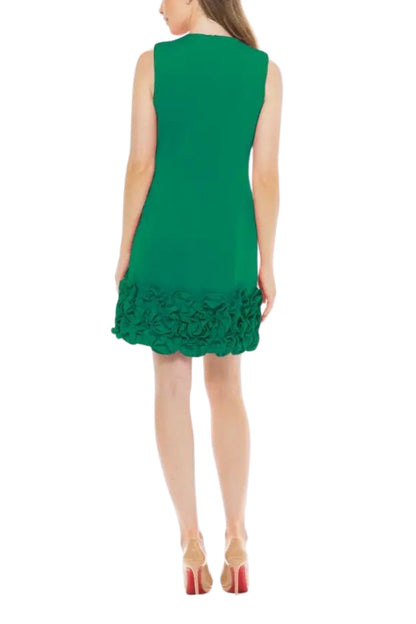 Donna Ricco V-Neck Sleeveless Zipper Back Ruffled Hem Scuba Dress - LUCKY GREEN - back