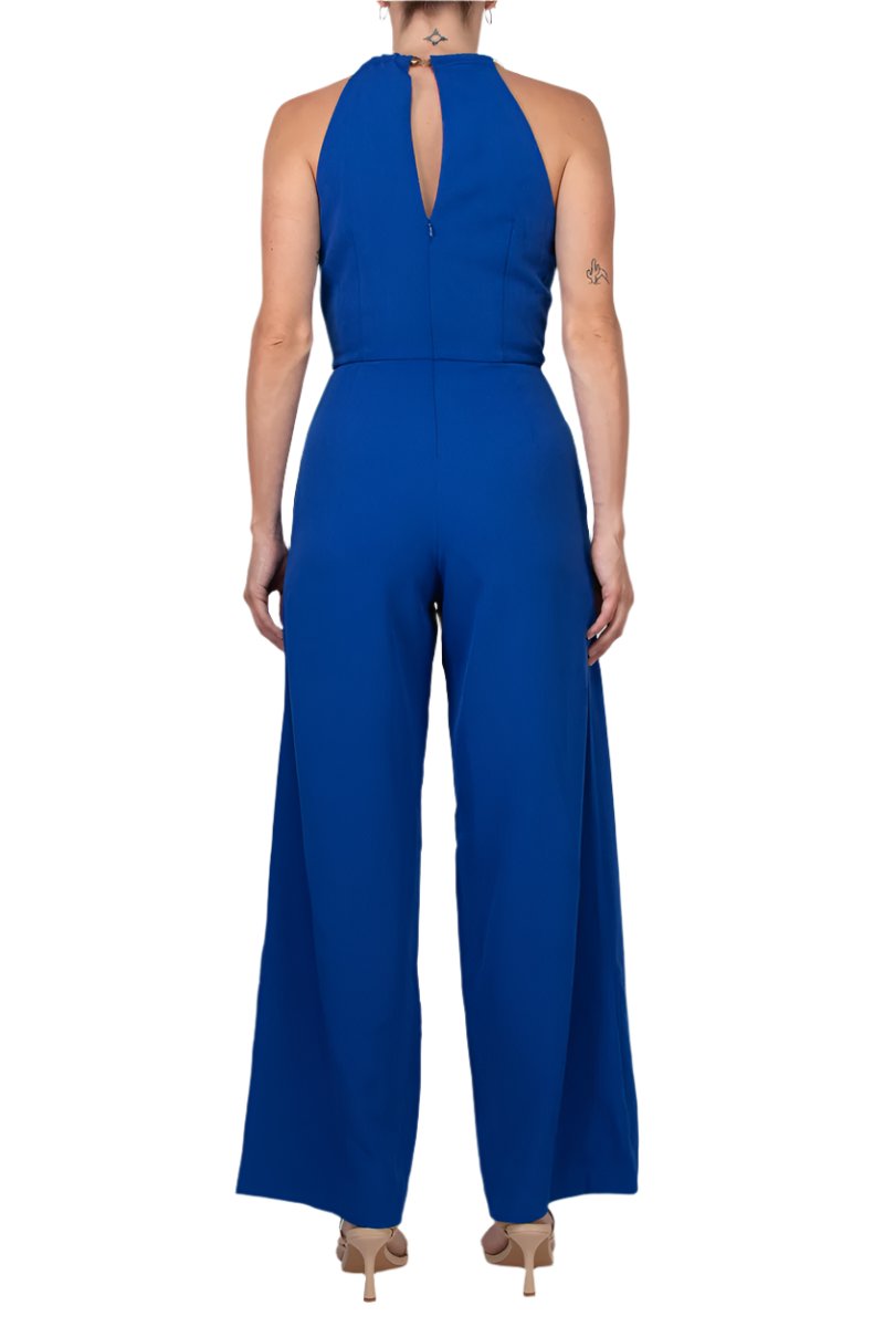 Donna Ricco Halter Chain Neck Keyhole Front Sleeveless Zipper Back Pockets Solid Crepe Jumpsuit - COBALT - Back 