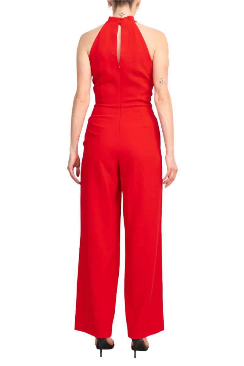 Donna Ricco Halter Chain Neck Keyhole Front Sleeveless Zipper Back Pockets Solid Crepe Jumpsuit - RED - Back 