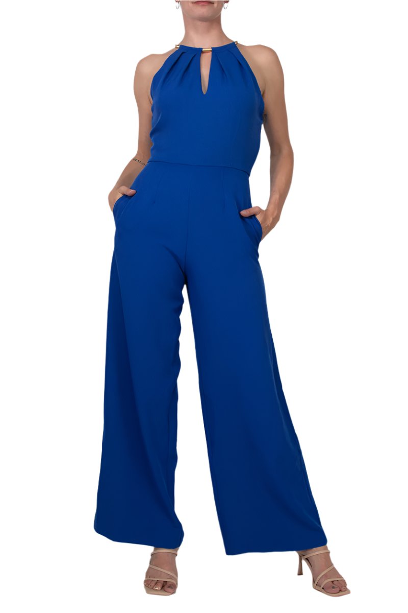 Donna Ricco Halter Chain Neck Keyhole Front Sleeveless Zipper Back Pockets Solid Crepe Jumpsuit - COBALT - Front 