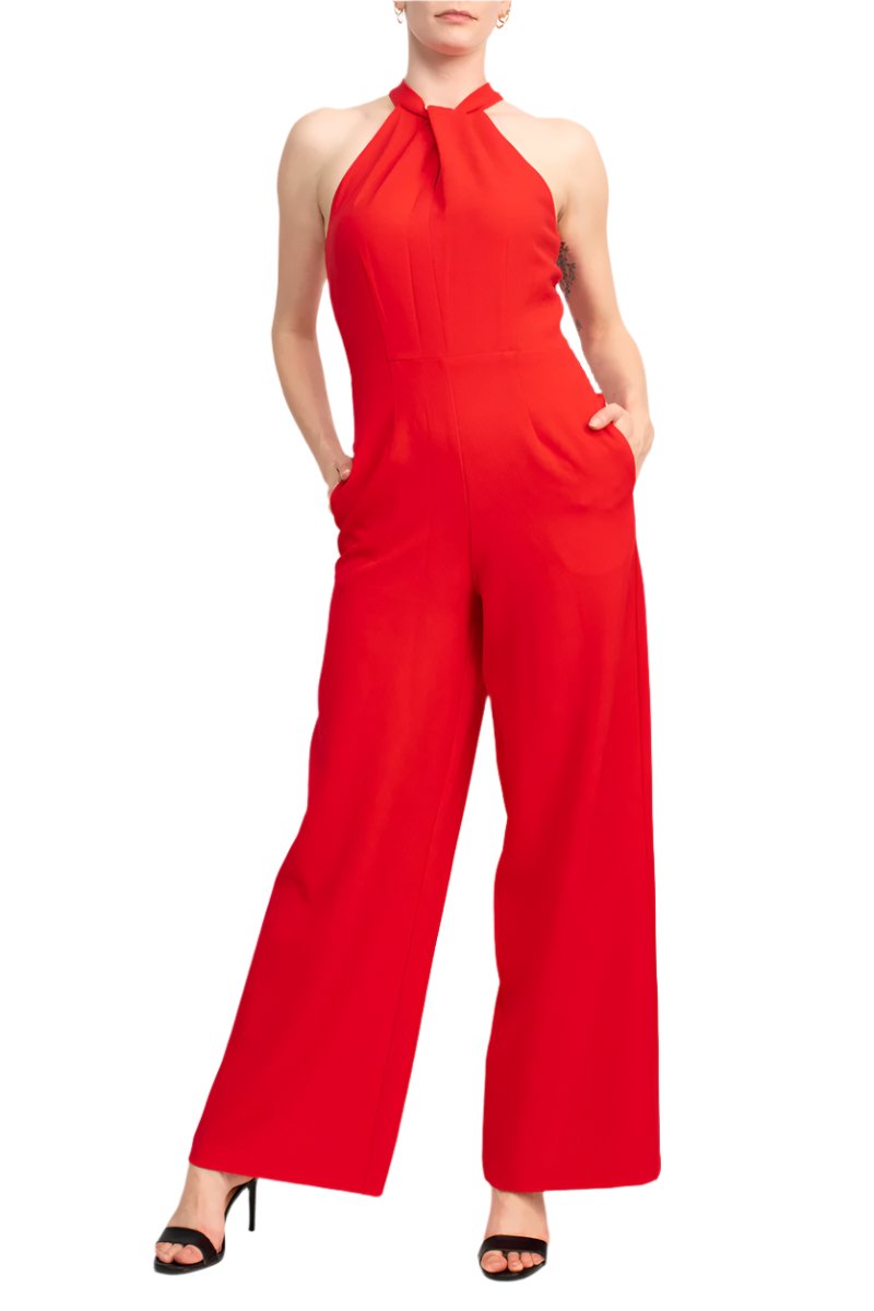 Donna Ricco Halter Chain Neck Keyhole Front Sleeveless Zipper Back Pockets Solid Crepe Jumpsuit - RED - Front 