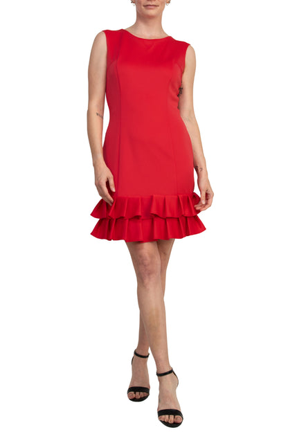 Donna Ricco Boat Neck V-Neck Back Sleeveless Double-Ruffle Hem Scuba Sheath Dress - CORAL - Front