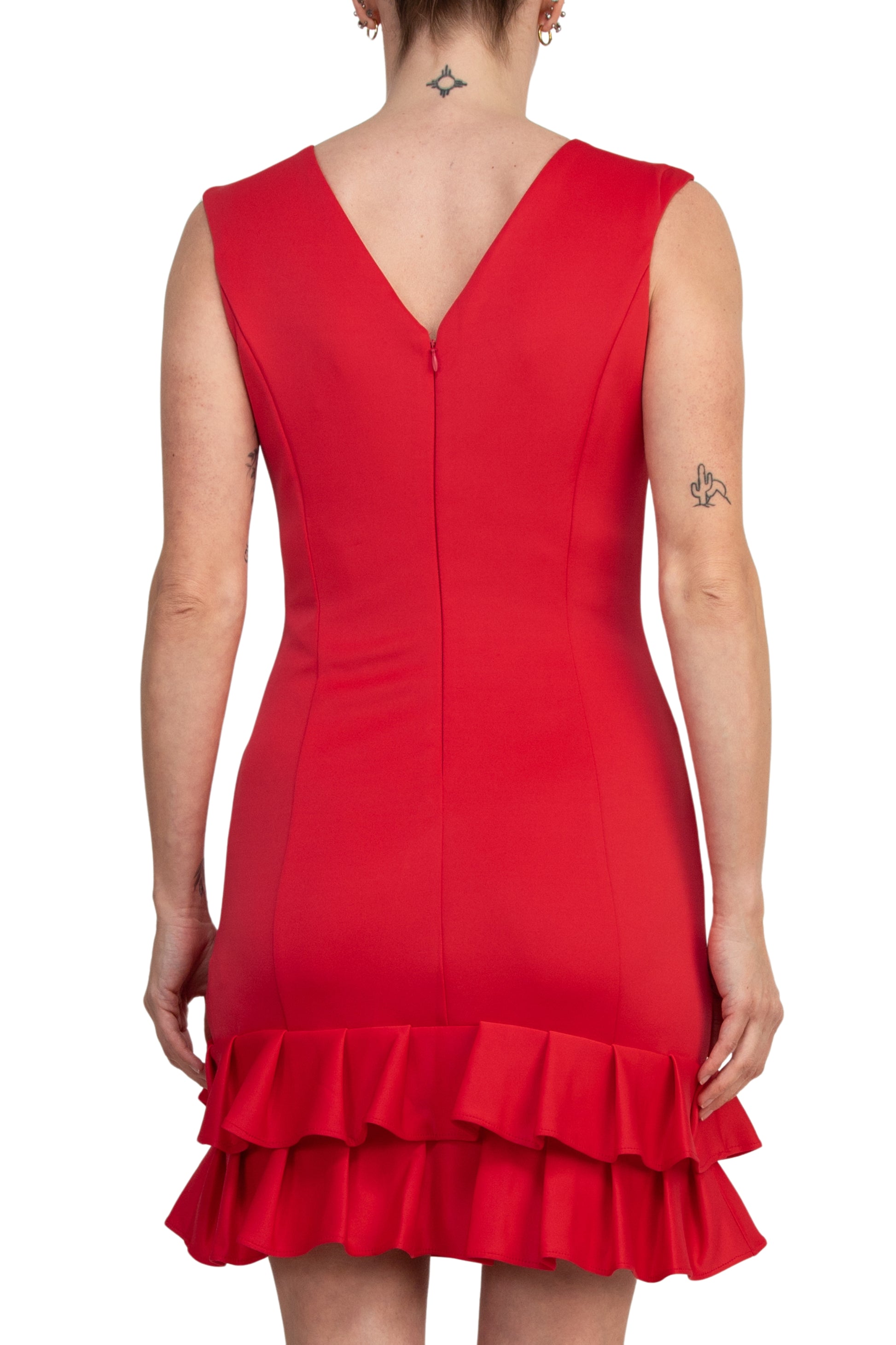 Donna Ricco Boat Neck V-Neck Back Sleeveless Double-Ruffle Hem Scuba Sheath Dress - CORAL - Back