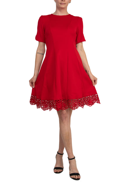 Donna Ricco Crew Neck Short Sleeve Crochet Trim Flare Dress - RED - Front Full View