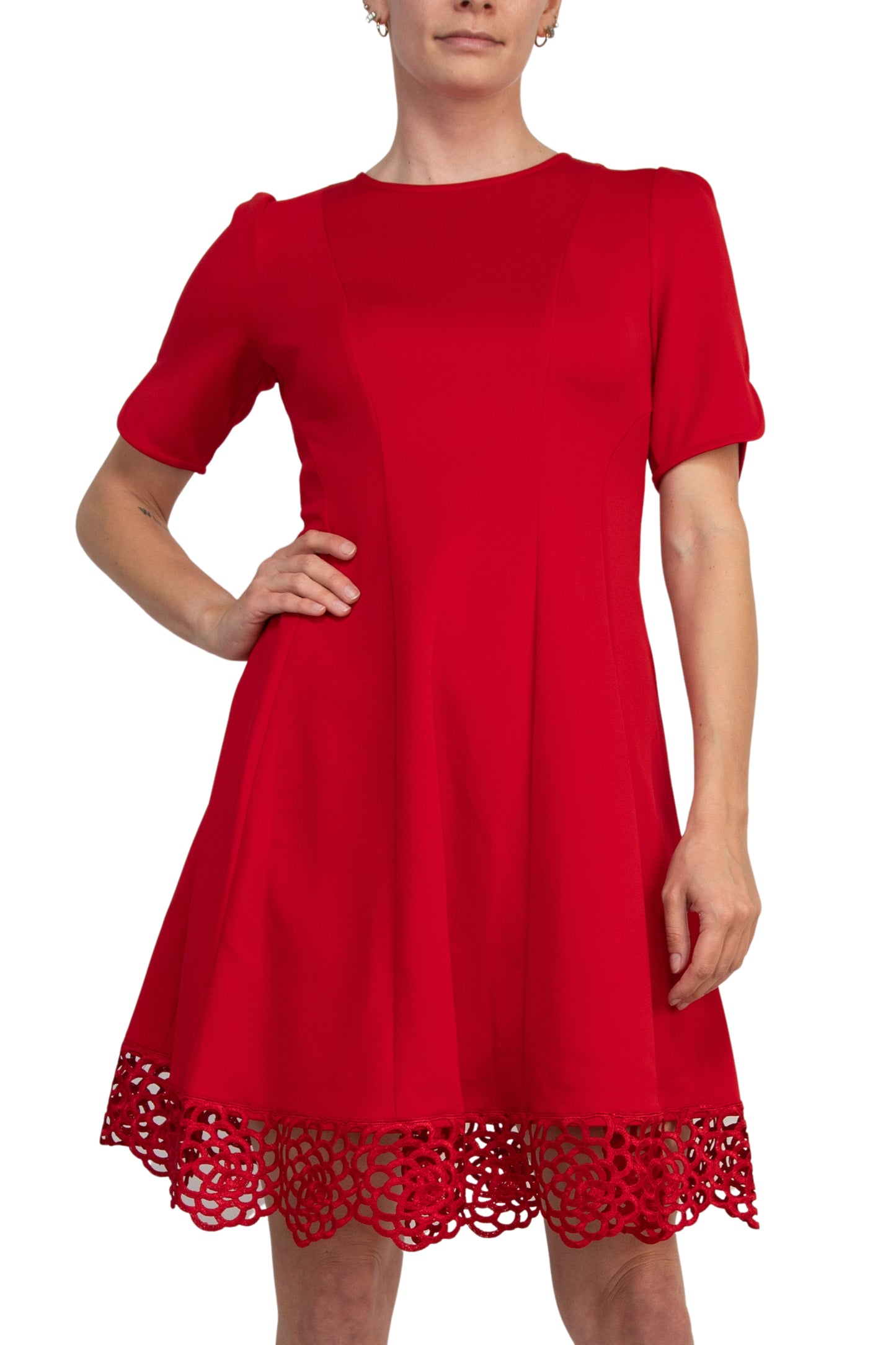 Donna Ricco Crew Neck Short Sleeve Crochet Trim Flare Dress - RED - Front View