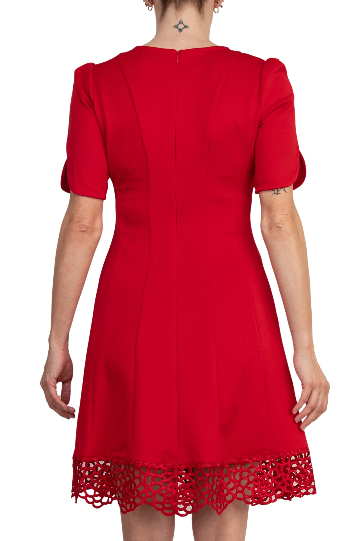 Donna Ricco Crew Neck Short Sleeve Crochet Trim Flare Dress - RED - Back