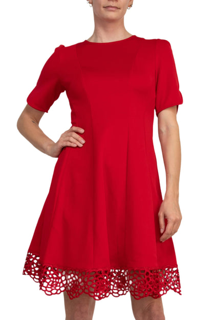 Donna Ricco Crew Neck Short Sleeve Crochet Trim Flare Dress - RED - Front 