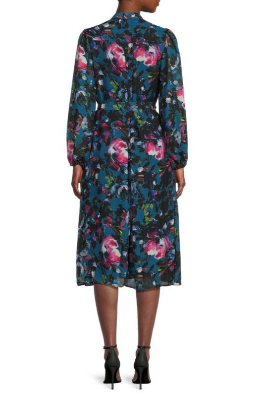 Donna Ricco Floral Tie Neck Midi Dress - MULTI - Back