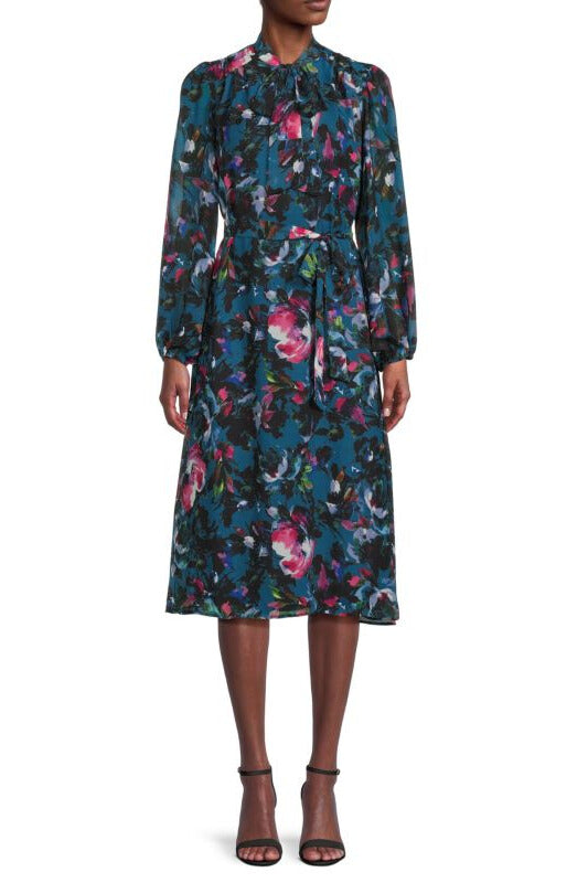 Donna Ricco Floral Tie Neck Midi Dress - MULTI - Front