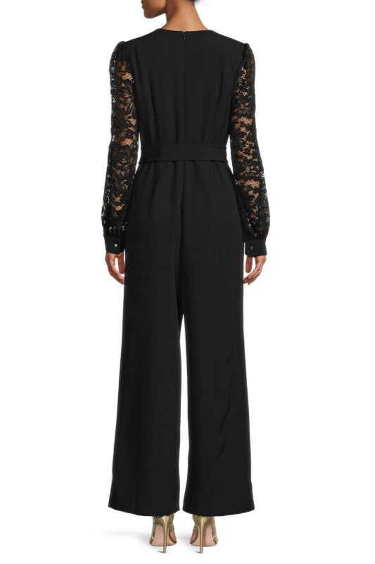 Donna Ricco Belted Wide Leg Deep V-Neck Banded Button Cuffs Lace Sleeve Jumpsuit - BLACK - Back 