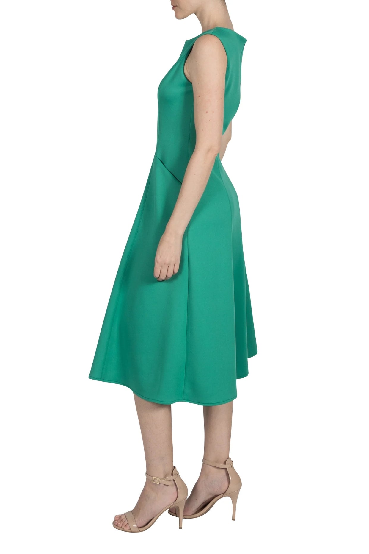 Donna Ricco Rich Green Bateau Neckline Sleeveless Zipper Closure Side Pockets Flared A-Line Dress