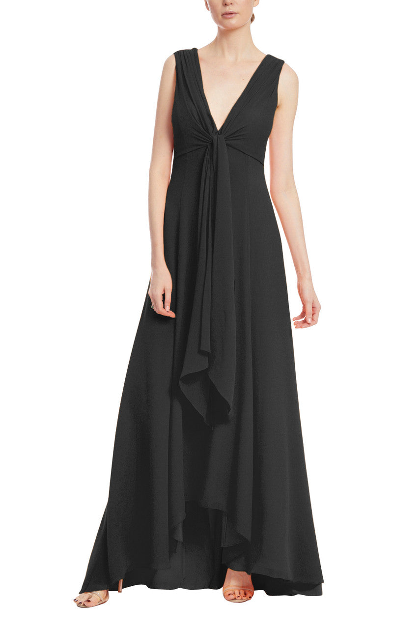 Black V-Neck Floor-Length Chiffon Formal A-Line Dress Draped Front Detail Badgley Mischka EG3556