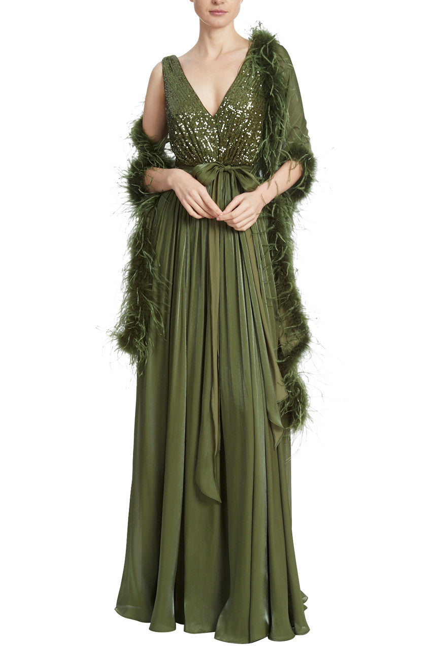 Badgley Mischka Feather Wrap sequin gown - MOSS - FRONT