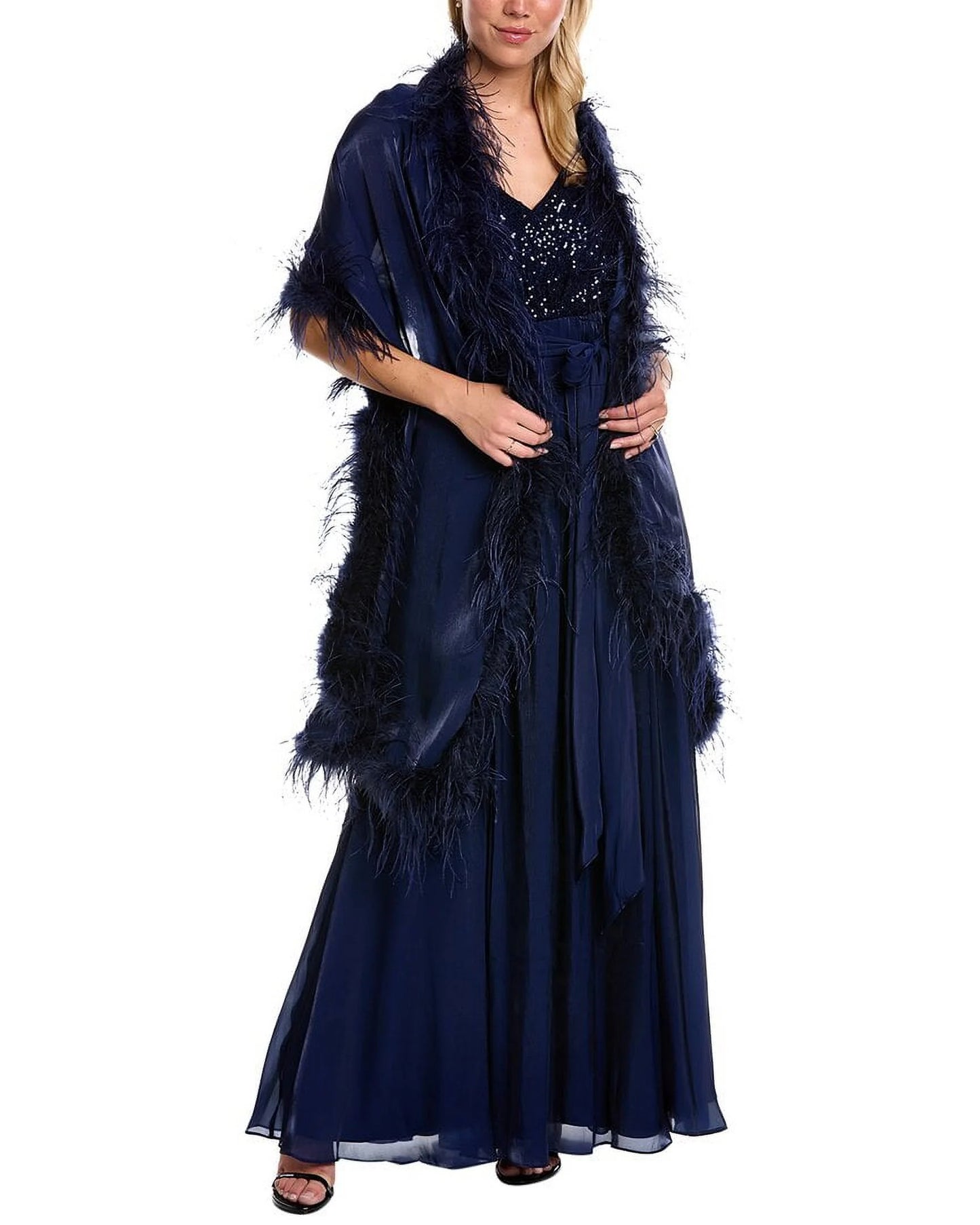 Badgley Mischka Feather Wrap sequin gown  - SAPPHIRE - FRONT