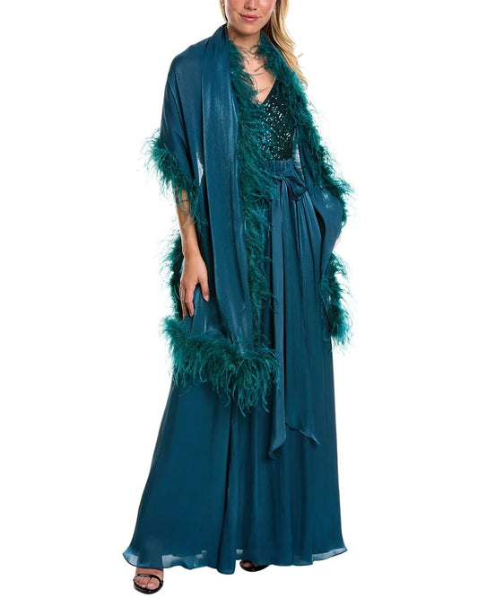 Badgley Mischka Feather Wrap sequin gown - TEAL - FRONT 