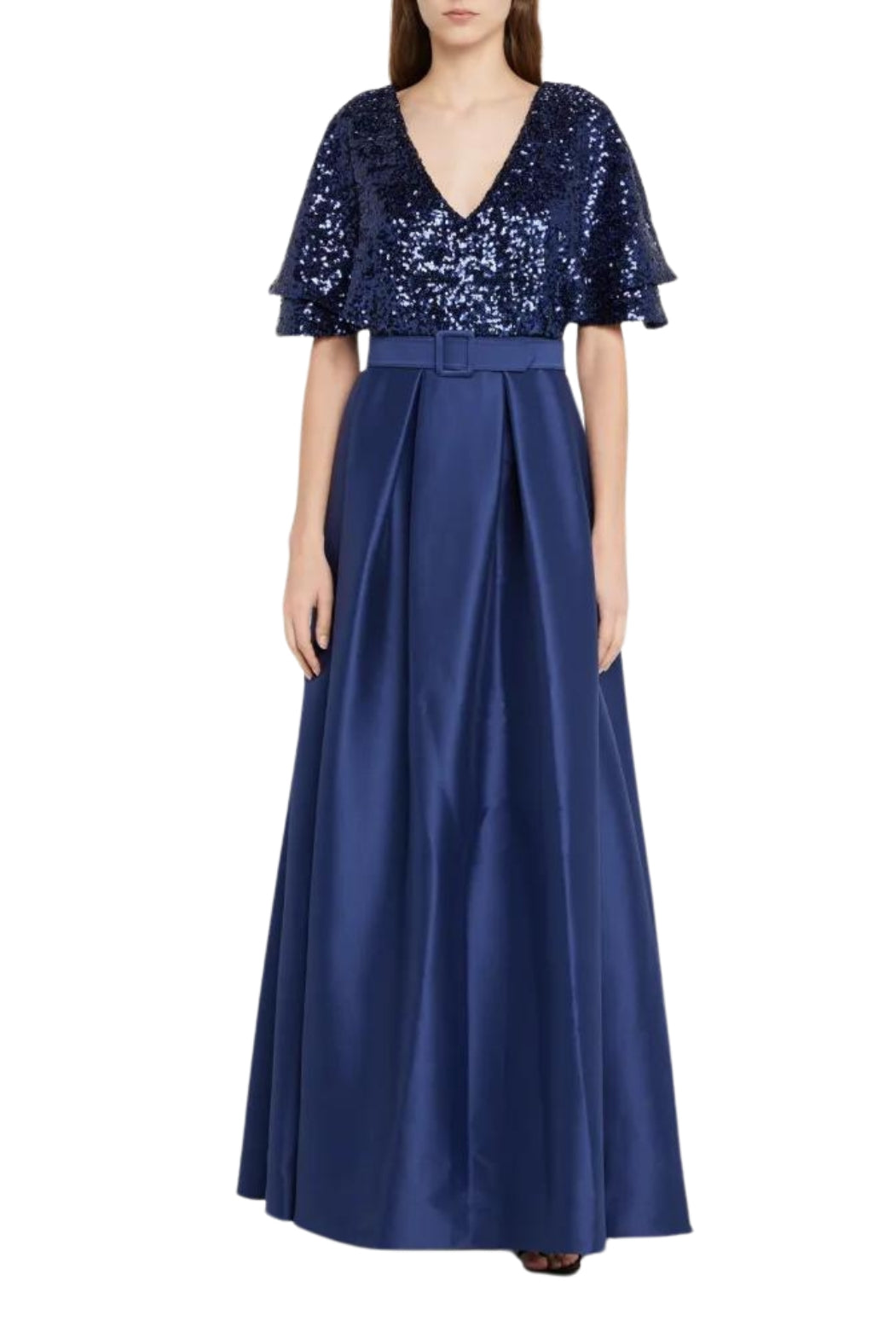 Badgley Mischka Flutter-Sleeve Pleated V-Neck Sequin Gown - 
NAVY - Front