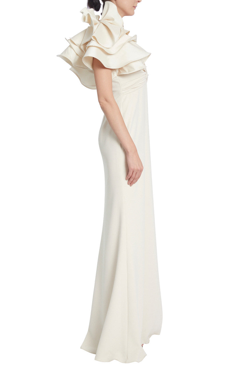 Badgley Mischka V-Neck Ruffled Shoulders Ruched Short Sleeve Mikado Gown - ECRU - Side