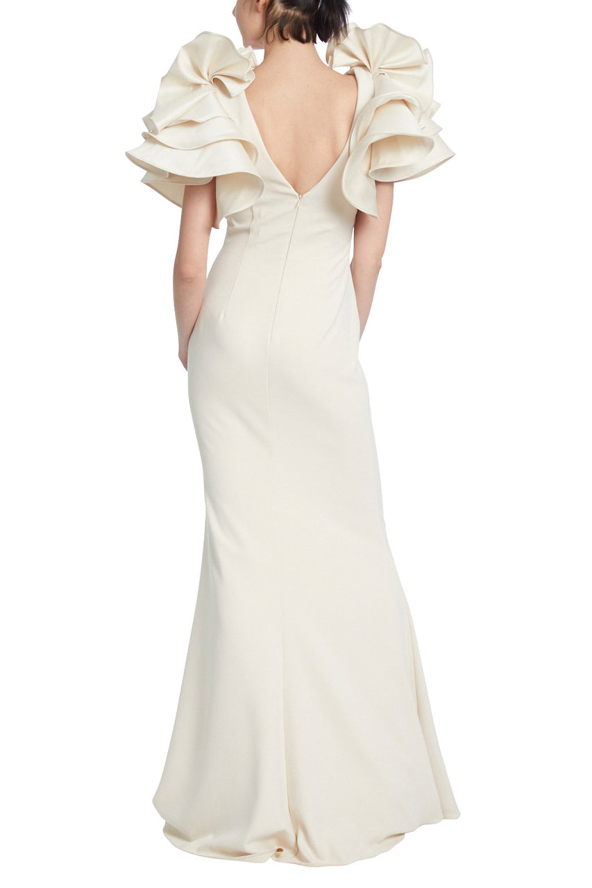 Badgley Mischka V-Neck Ruffled Shoulders Ruched Short Sleeve Mikado Gown - ECRU - Back 