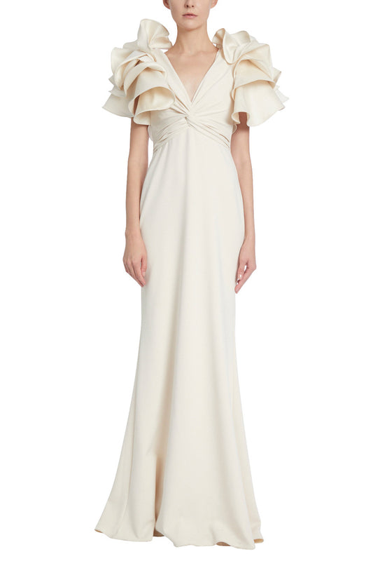 Badgley Mischka V-Neck Ruffled Shoulders Ruched Short Sleeve Mikado Gown - ECRU - Front