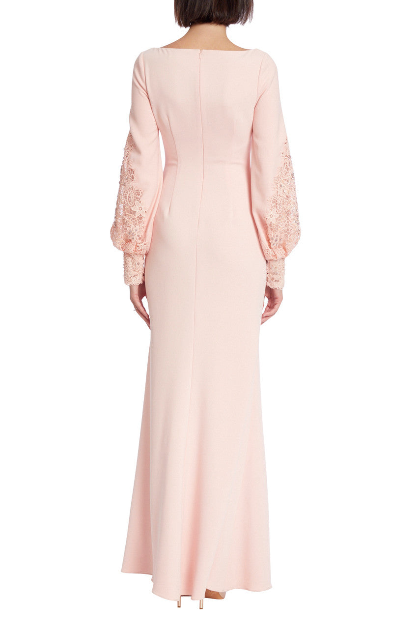 Badgley Mischka Scoop Neck Lace Detail Bishop Sleeve Zipper Back Solid Stretch Crepe Gown - PRIMROSE - Back