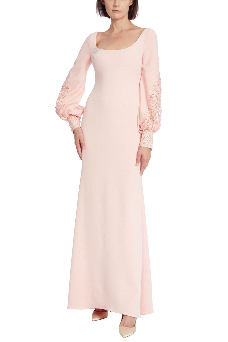 Badgley Mischka Scoop Neck Lace Detail Bishop Sleeve Zipper Back Solid Stretch Crepe Gown - PRIMROSE - Front