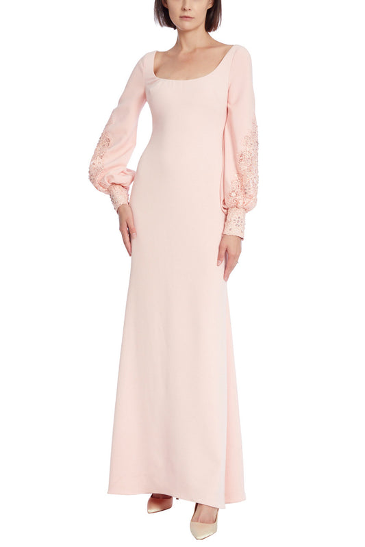 Badgley Mischka Scoop Neck Lace Detail Bishop Sleeve Zipper Back Solid Stretch Crepe Gown - PRIMROSE - Front