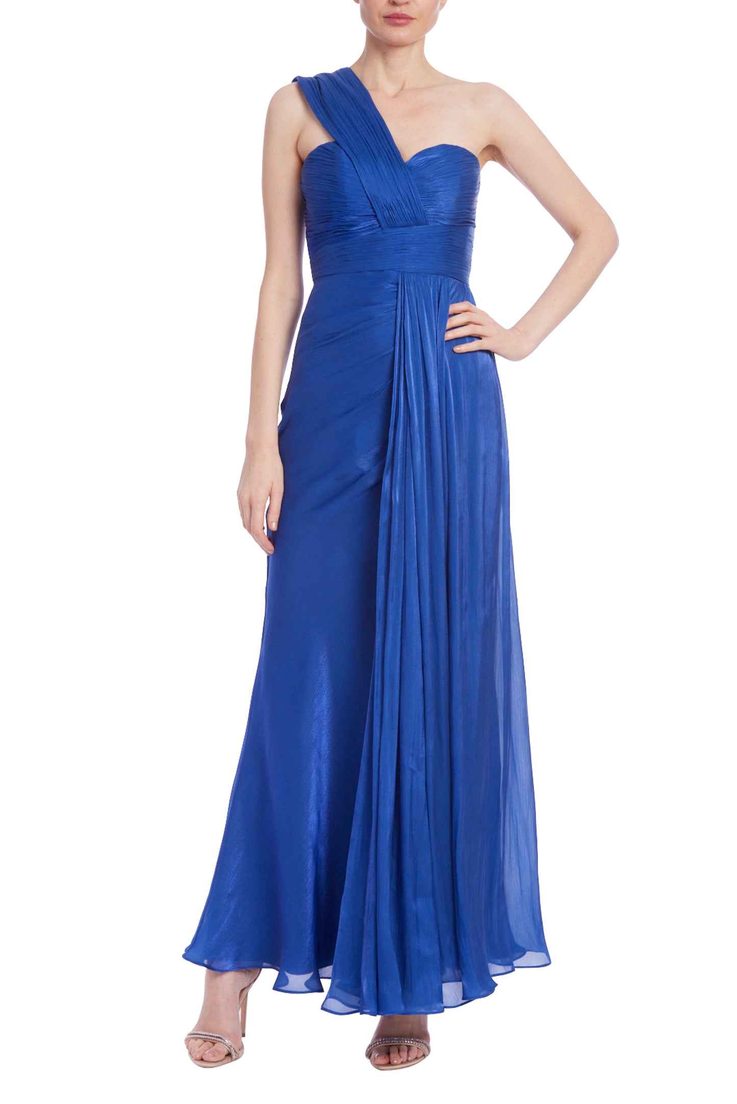 Badgley Mischka Draped One-Shoulder Pleated Chiffon Evening Gown - BRIGHT BLUE - Front 