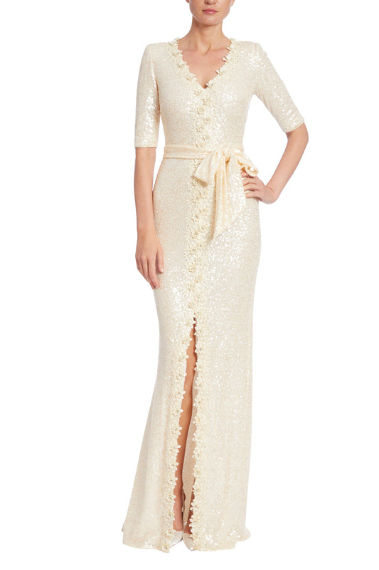 Badgley Mischka Sequined V-Neckline Bodice 3/4 Sleeves Sash Tie Embellished with Rhinestones Crystal Lace Trim Front Slit Back Zipper Gown - EGGSHELL - Front Full View