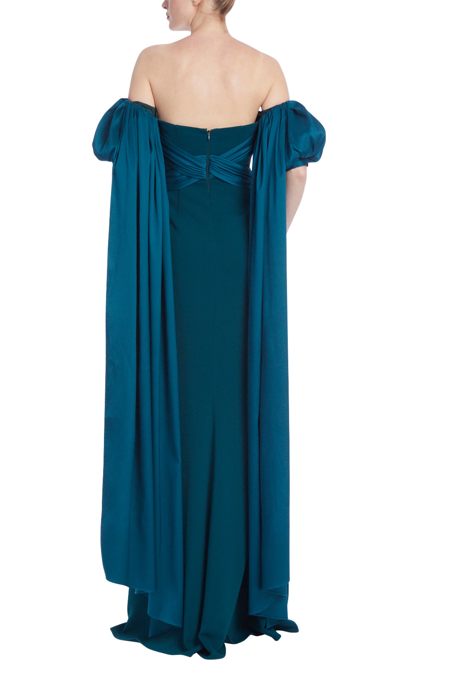 Badgley Mischka Off-The-Shoulder Gown with Puff Sleeve Train - Wholesale _back